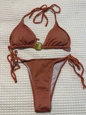 Rust Shimmer Shell Accent Tie Bikini Set